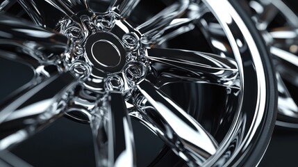 Close-up of shiny chrome car rims.