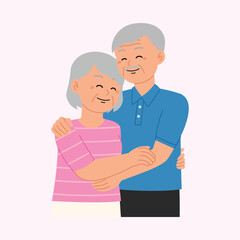 happy senior husband and wife hugging with smile, an old married couple embracing each other with love character illustration
