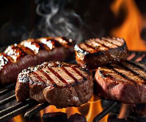 Flaming BBQ grill with juicy steaks, sausages, and vegetables sizzling meat feast with fire and smoke