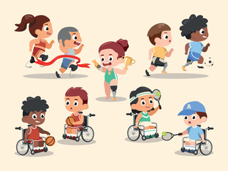 Cute illustration of children with disabilities playing sports, including wheelchair basketball and tennis, running with prosthetic legs, and celebrating a win. Promoting inclusion and diversity.