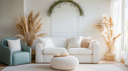 Modern living room with white sofa, green floral arch, and soft light, embodying minimalist elegance and natural charm.