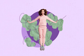 Creative pop poster sketch art collage of happy girl jump dance weekend occasion chill party mood enjoy celebration holiday