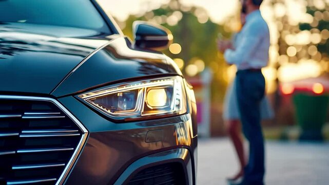 Professional salesman presenting new car features to potential clients during sunset in dealership parking lot, highlighting vehicle details and engaging in sales discussion