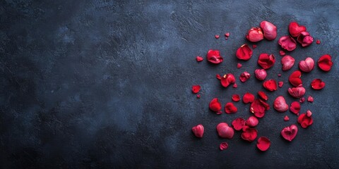 Rose Petals Fall On Dark Background, Valentine Theme With Romantic Decoration
