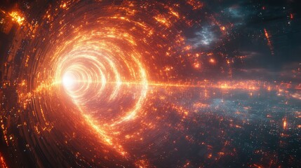 Fototapeta premium Fiery cosmic tunnel, space travel, bright light, nebula background