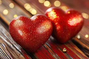 Two Red Hearts Sparkle on Painted Wood, love and affection in the air