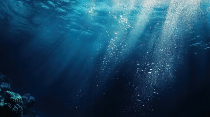 Sunlight Streams Through Deep Blue, Underwater Bubble and Serene Scene