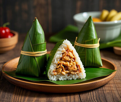 rice with chicken inside lemper segitiga indonesian traditional snack and food