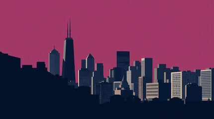 Naklejka premium A modern flat design illustration of a city using simple two-dimensional shapes, deep shadows, and high contrast low-key lighting for a dramatic effect.jpg