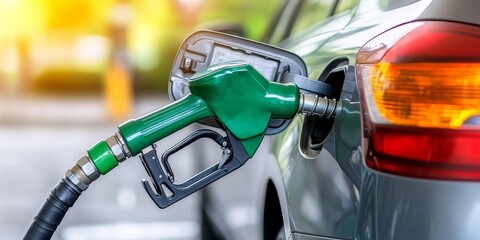 Close up of a green gas pump nozzle filling a silver car at a gas station on a sunny day.