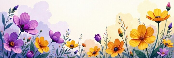 Watercolor wildflowers in vibrant shades of purple and yellow, wildflowers, purple flowers, watercolor flowers