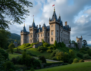 Obraz premium Exploring Grand Castle on Hillside Under Cloudy Sky