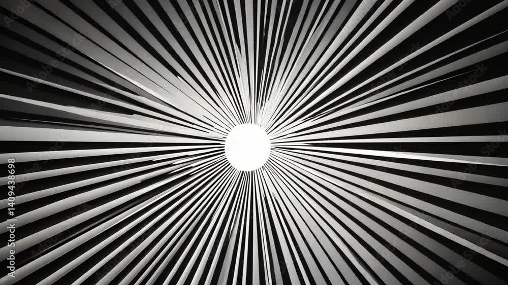 Poster striking black and white abstract design featuring radiating lines that evoke depth and movement, ca