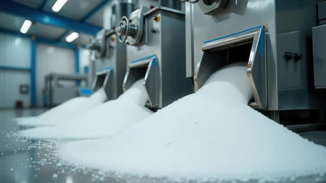 Sugar processing equipment with piles of white sugar on factory floor in a modern industrial setting.