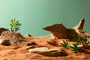 Flat slab of stone is buried in the sand, exposing the surface above. The rough rock and dark brown logs are pockmarked with dents from corrosion. Desert plants grow around, creating a wild scene.