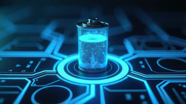 Futuristic rechargeable battery with glowing elements, showcasing advanced energy technology and innovation.