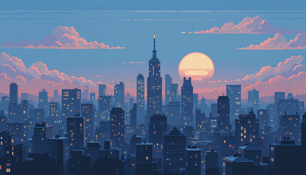 pixelated city sunset skyline