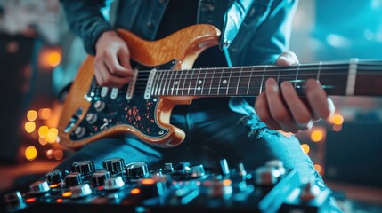 Obraz premium Creative guitarist performing passionately in a dimly lit studio filled with colorful lights