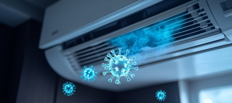 Viruses Escaping From Air Conditioner, Depicting Health Hazards And Airborne Transmission