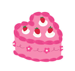 Heart shape cream pink cake. Strawberries and whipped cream decorations. Coquette dessert for romantic event. Vector clip art isolated on transparent background.