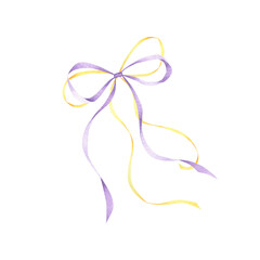 Satin pastel dual bow of yellow and lilac thin ribbon. Hand drawn watercolor illustration isolated from background for wedding invitation, textile, sticker, scrapbooking paper, fashion, beauty design
