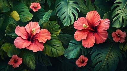 Illustration of hibiscus flowers and monstera leaves.