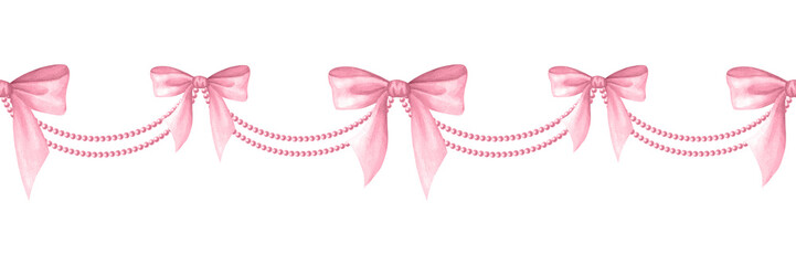 Coquette Bows, beads and necklaces in pastel pink color. Isolated watercolor seamless border of delicate pastel trendy accessories hand drawn for cutecore, romantic design, fabric and packaging tape