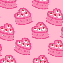 Heart shape cream pink cake seamless vector pattern. Strawberries and whipped cream decorations. Coquette dessert for romantic event.