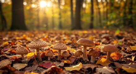 Fallen leaves glowing under warm forest sunset