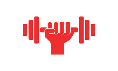 Obraz premium Red Hand Holding Barbell Fitness Icon Vector