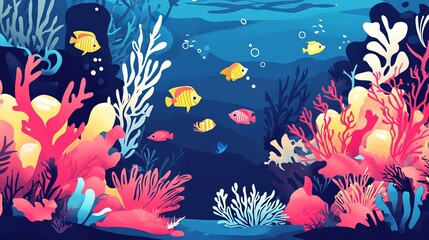 Vibrant underwater scene with colorful coral reef and fish sea red art life blue pink ocean plant