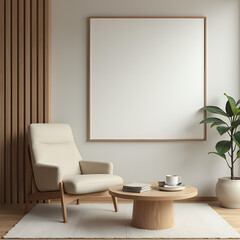 Beige armchair near accent wooden round coffee table against paneling wall with copy space. Minimalist interior design of modern living room.