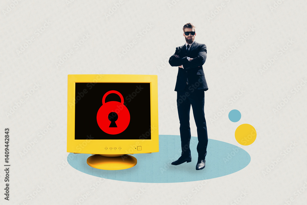 Poster composite artwork 3d photo collage trend template of hacker privacy server lock data young businessm