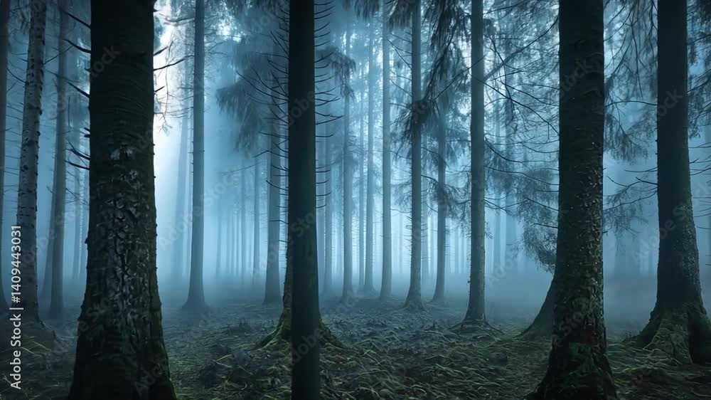 Poster serene and mysterious forest landscape enveloped in mist, tall trees and fog create tranquil wildern