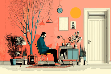 A digital illustration of a man working at a desk in a cozy, minimalist room with a tree, plants, and vibrant orange walls, creating a relaxing home office environment
