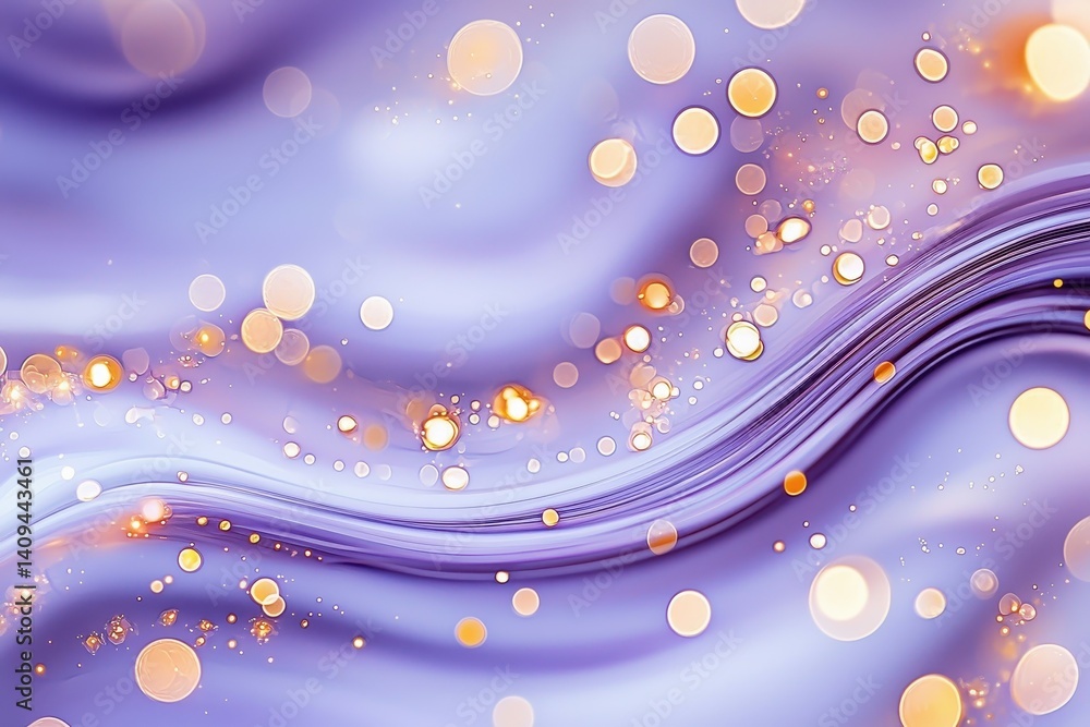 Poster abstract waves with golden bokeh on a soft purple background.