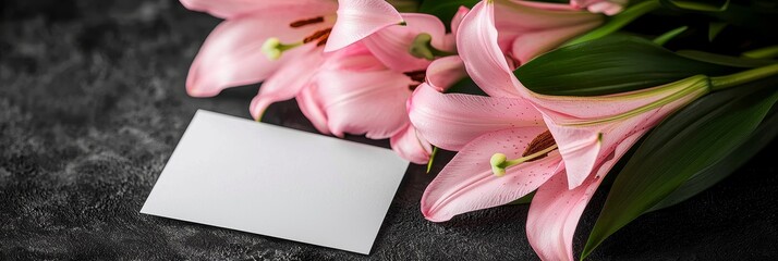 Pink Lilies and Blank Card on Dark Background - Elegant Floral Mockup