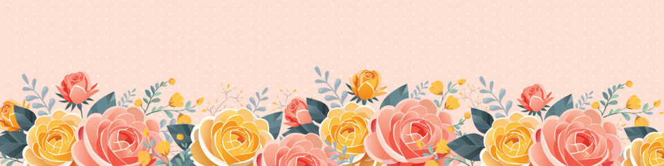 Romantic, elegant background template with yellow and pink rose branches