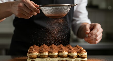 Tiramisu dessert decoration preparation closeup