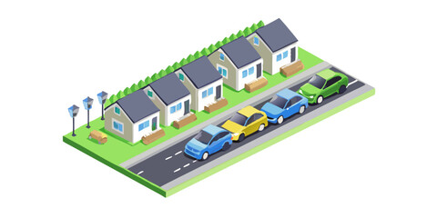 Naklejka premium Isometric suburban street with houses and parked cars