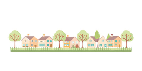 Suburban street with houses and trees in pastel colors