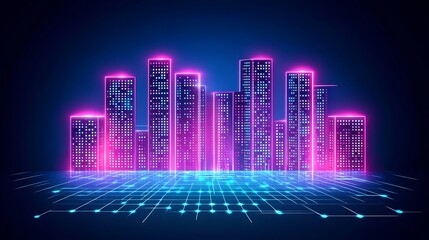 Futuristic cityscape illuminated by neon pink and blue lights.