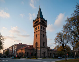 Obraz premium Viewing Tall Structure with Spire at Sunset in Urban Setting
