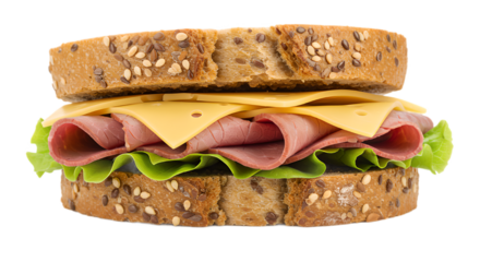Sandwich food with sliced meet, vegetables, cheese on whole grain bread. Meal advertisement and restaurant menu. Food on transparent background