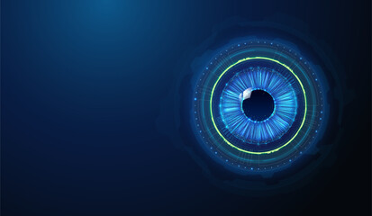 Biometrics Authentication Hud Overlay Over Eye Pupil. Abstract low poly art on computer vision and artificial intelligence technology in security industry concept by wireframe mesh on blue background