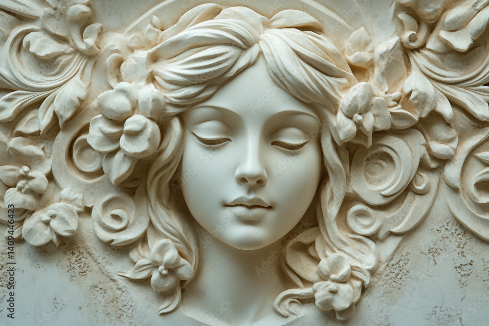 Aufkleber carved image of an elegant bas relief on a textured wall with gypsum generative ai technology