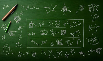 Creative Chalkboard with Graphs, Diagrams and Mathematical Drawings