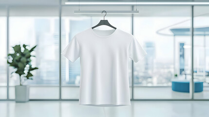 Minimalist White T-Shirt Hanging in Modern Urban Office Space