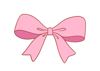 Coquette vintage bow drawing isolated on white, cute pink ribbon, flat illustration