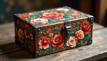Obraz premium Exquisite floral patterns on wooden box, flowers, design, craftsmanship